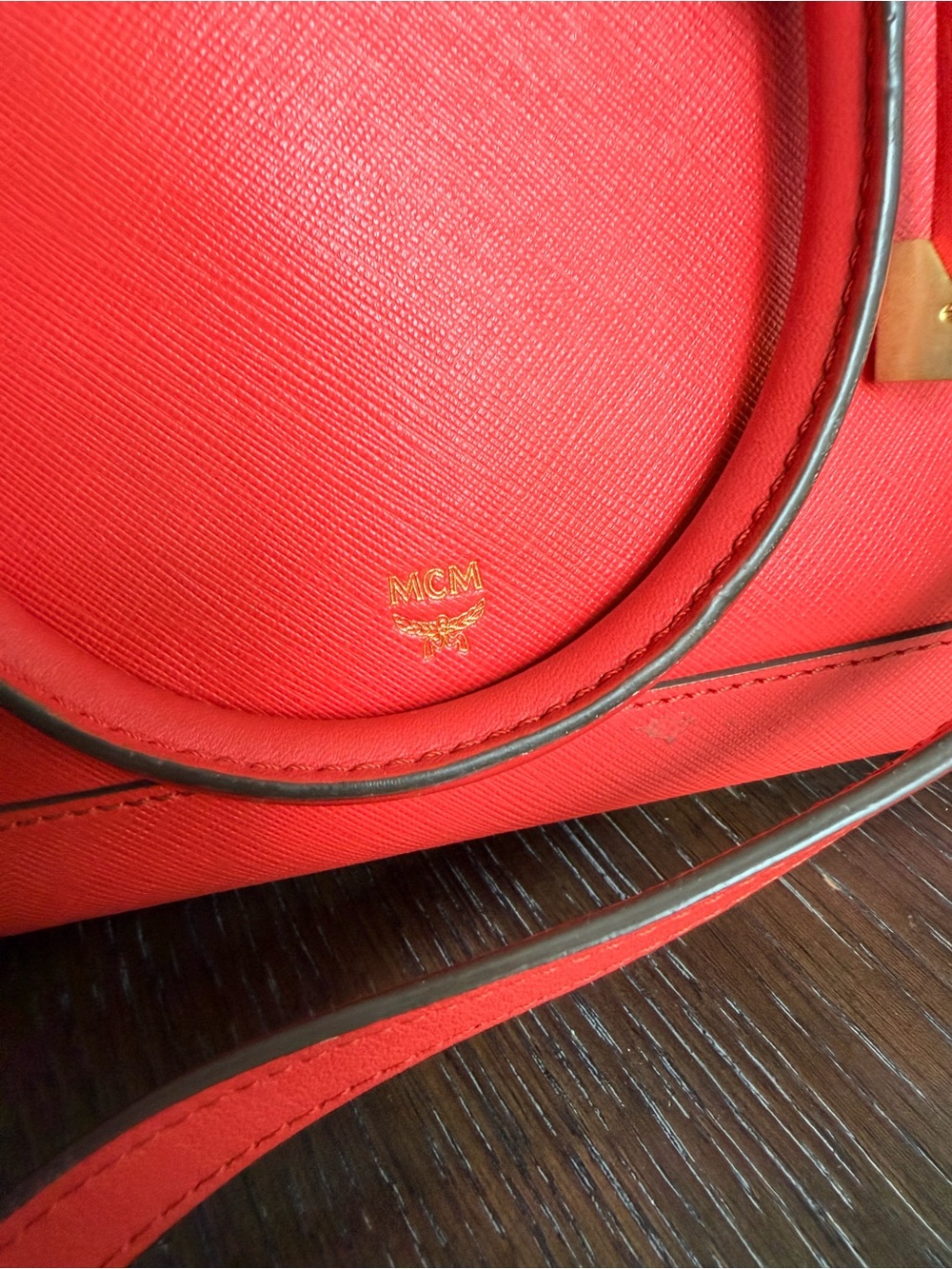MCM Red Saffiano Leather Satchel Crossbody Bag Gold Hardware - Picture 4 of 14